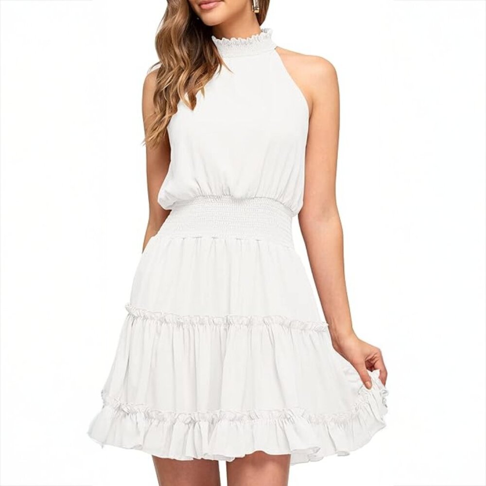 Fashion Summer Sleeveless Halter Neck Mini Dress Elastic Waist Ruffled // S